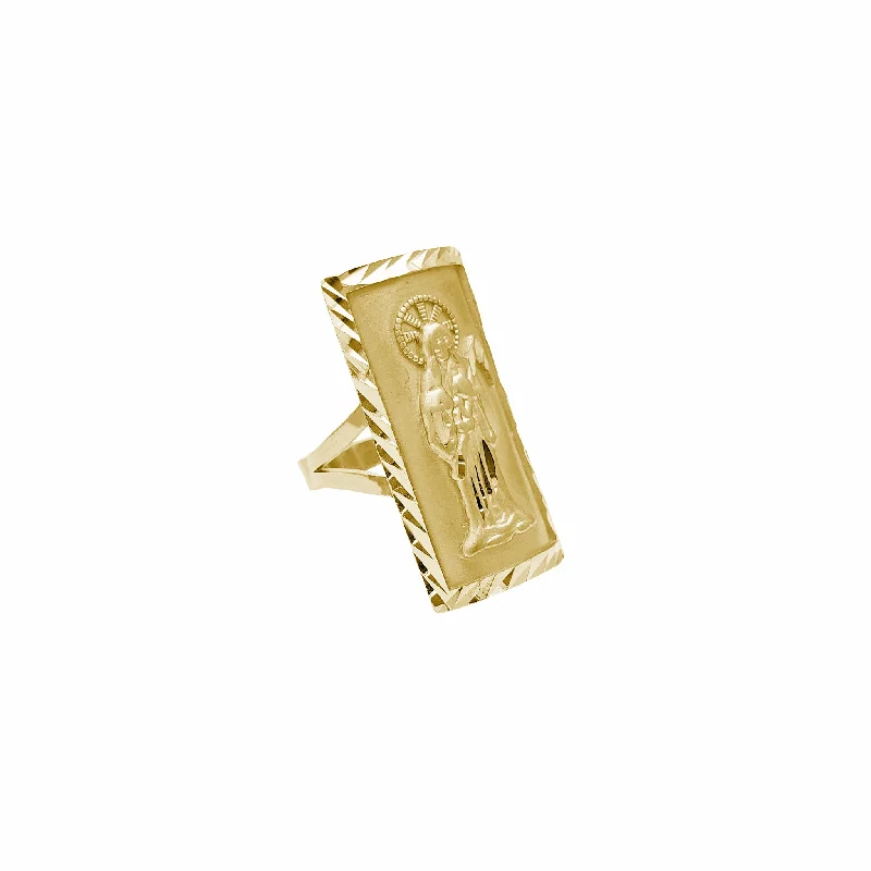 Luxury Gold Ring with Emerald Center Stone-Diamond-Cuts Rectangle Santa Muerte Ring (14K)