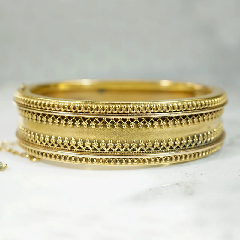 Custom Silver Bangles for Bridesmaids-Striking Gold Filled Etruscan Revival Hinged Bangle