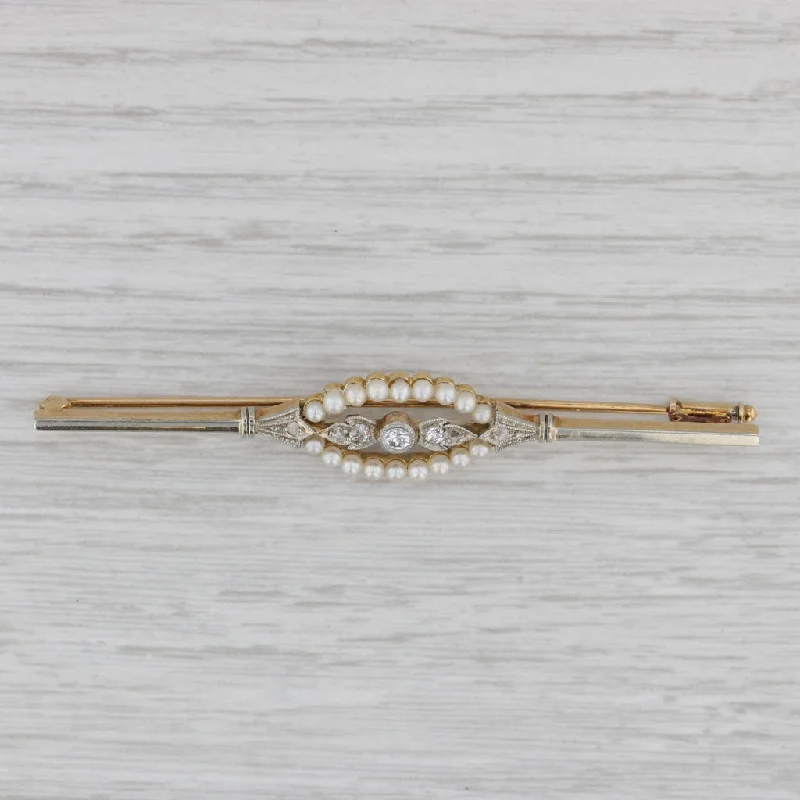 Enamel Brooch With Crystals-Vintage Pearl Diamond Bar Pin 14k Yellow Gold Brooch