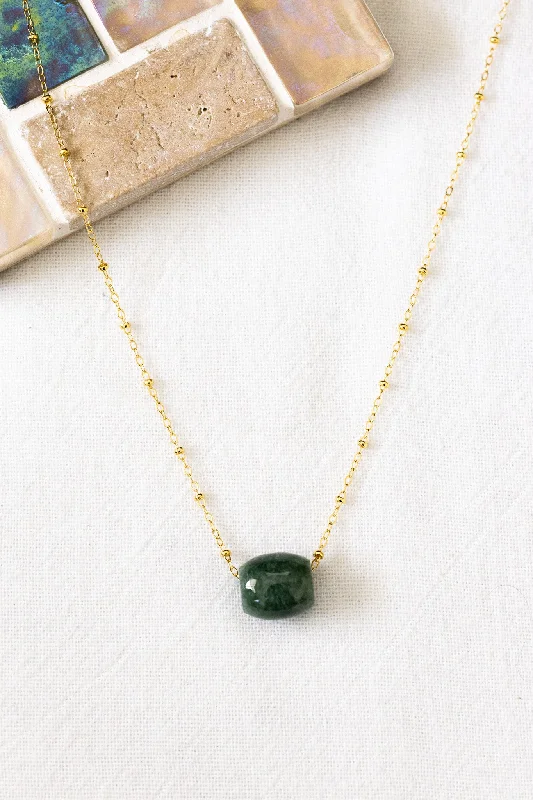 Long Silver Chain Necklace with Pendant-Dark Jade Barrel Beam Necklace