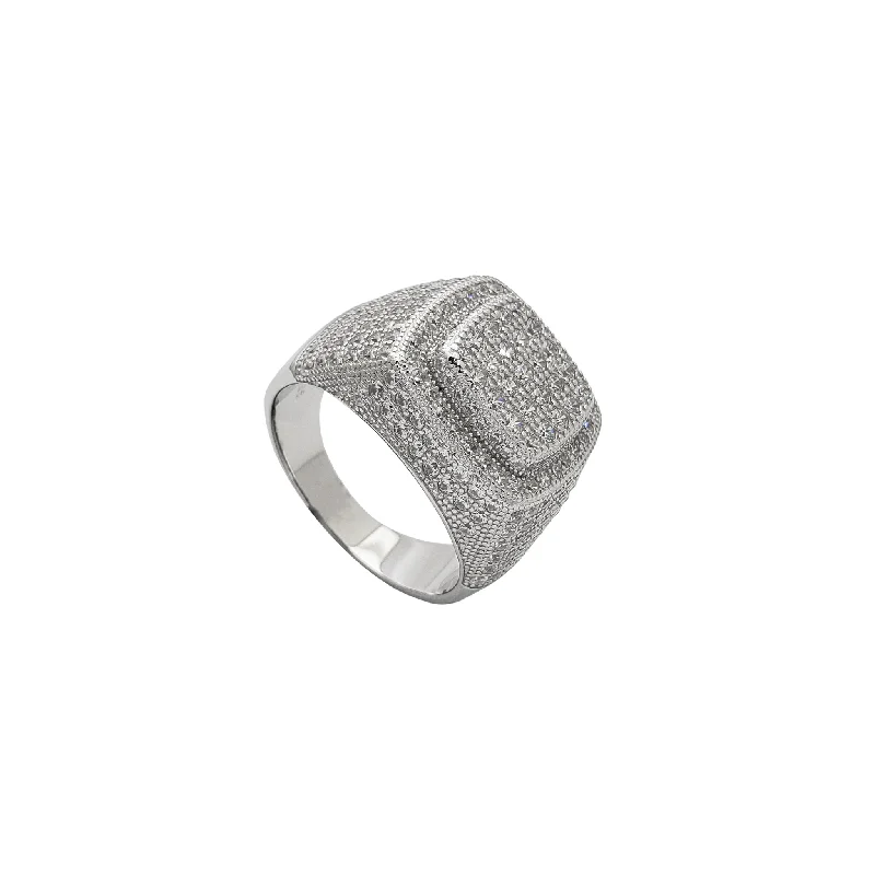 Classic Gold Ring for Engagement with Round Diamond-Zirconia Iced-Out Square Signet Ring (Silver)