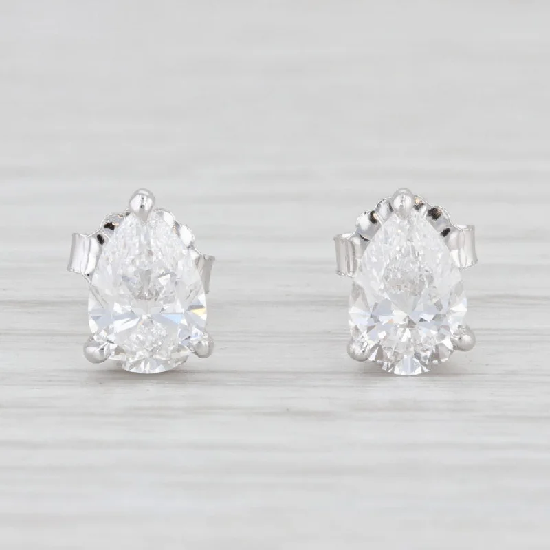 Custom Engraved Earrings-1.61ctw VS1 D E Diamond Pear Solitaire Stud Earrings 14k White Gold GIA