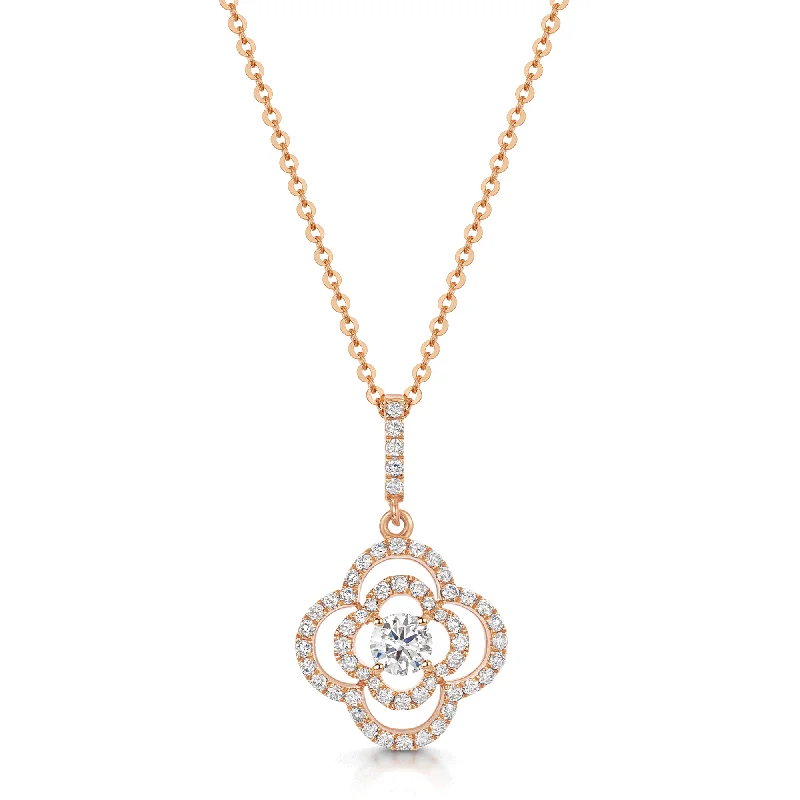 Dainty Gold Necklace with Small Pendant-18ct Rose Gold Round Brilliant Cut Diamond Open Flower Pendant