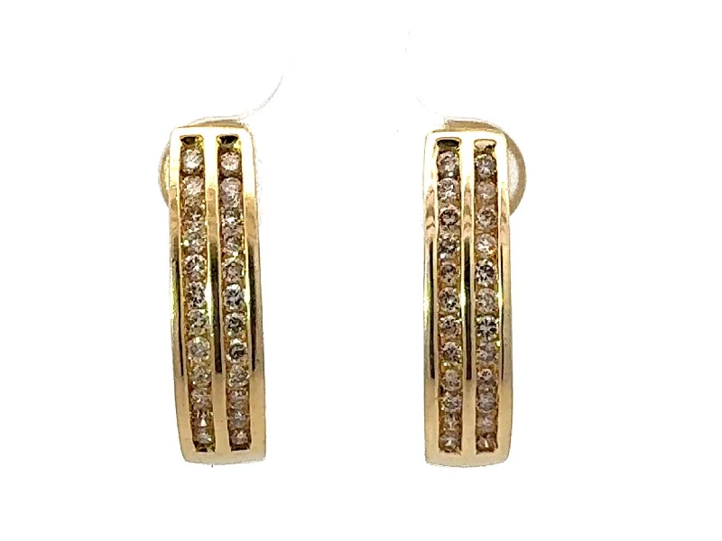 Trendy Earrings for Daily Wear-Champagne Diamond Oval Hoop Earrings Solid 14K Yellow Gold