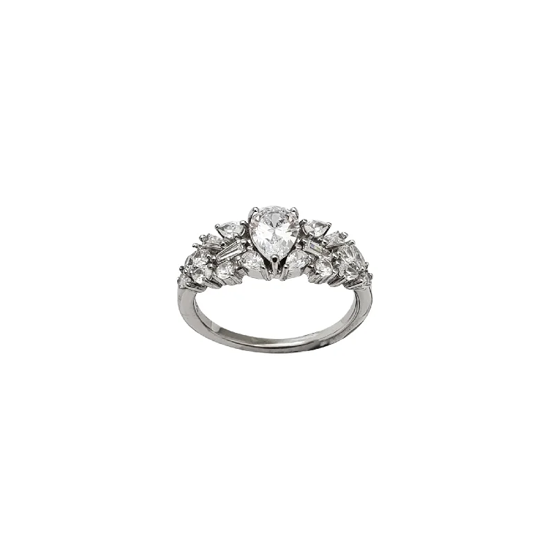 Classic Solitaire Ring with Round Diamond-Zirconia Cluster Teardrop & Baguette Lady Ring (Silver