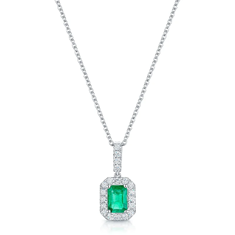 Elegant Gold Necklace with Round Pendant-Platinum Emerald And Diamond Halo Pendant