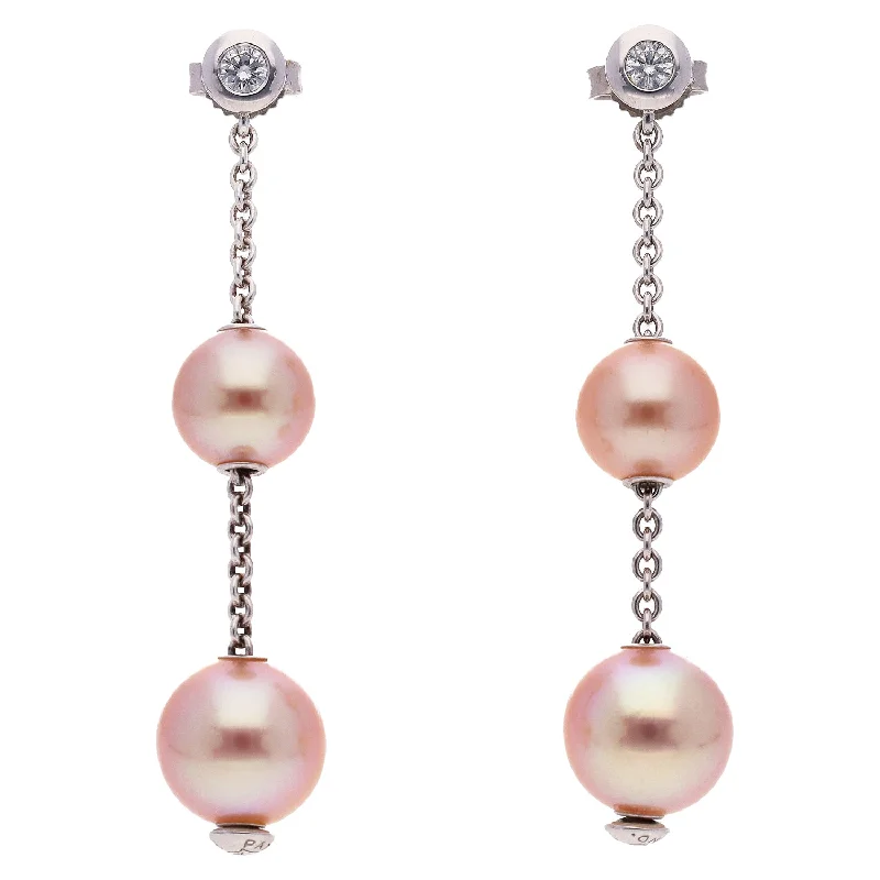 Pearl Dangle Earrings for Bridesmaids-Mikimoto 18K White Gold Pearls In Motion Akoya Pearl and Diamond Earrings