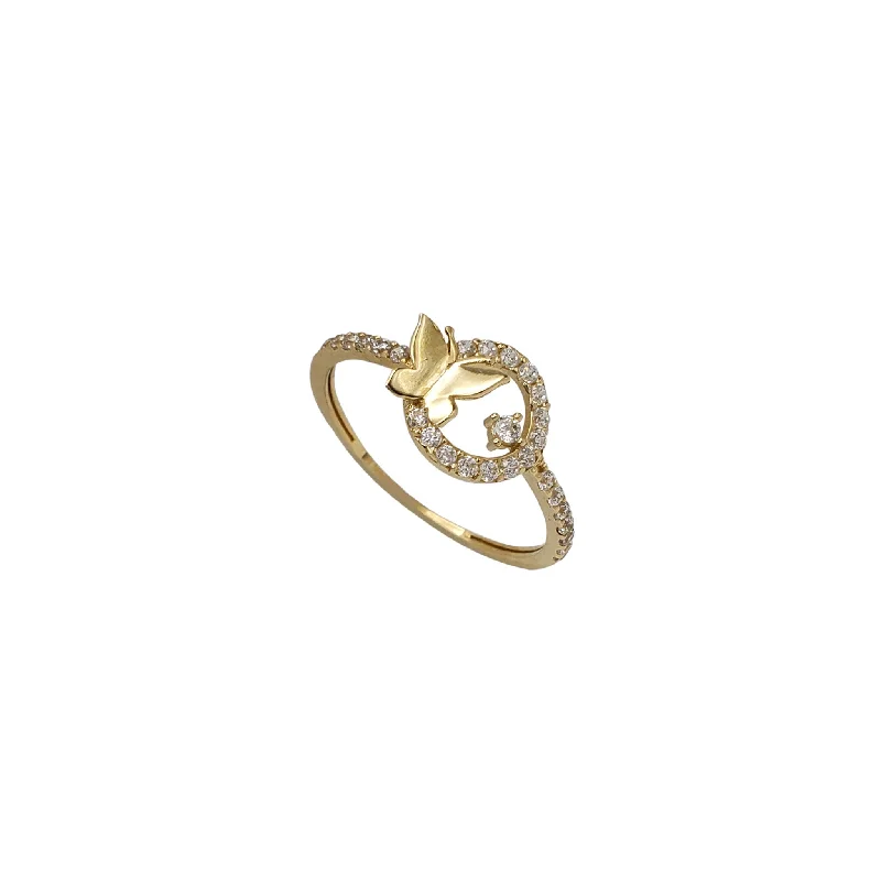 Trendy Gold Ring for Fashion Enthusiasts-Zirconia Pave Butterfly & Hoop Ring (14K)