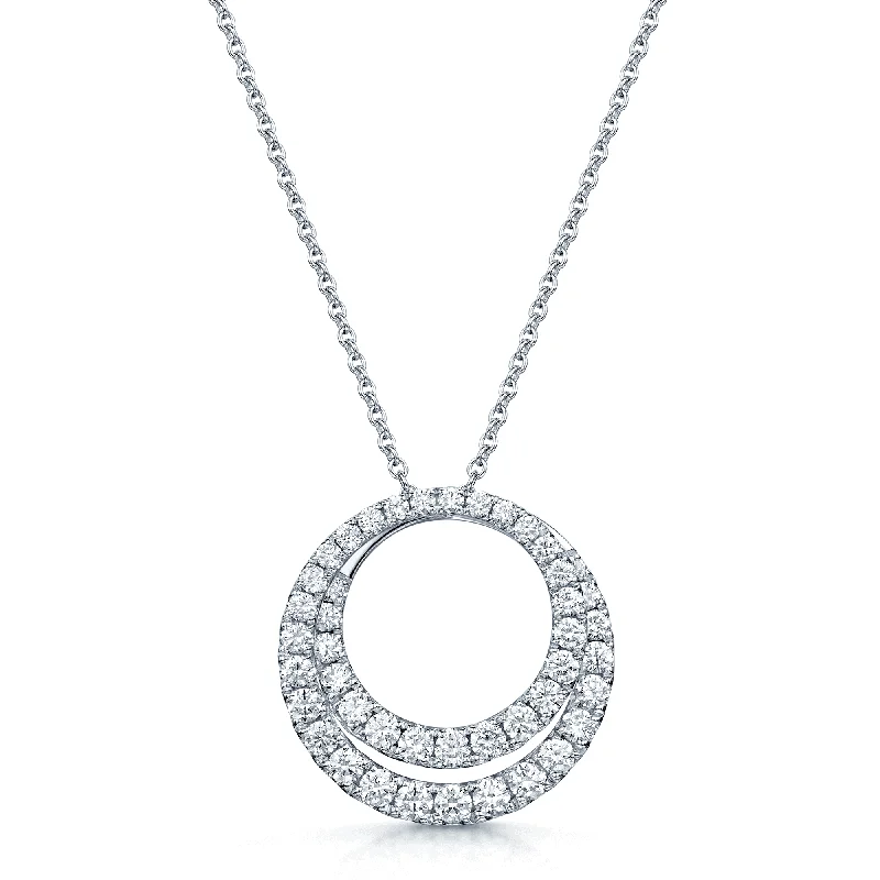 Customizable Silver Necklace for Men-18ct White Gold Round Brilliant Diamond Double Fancy Circle Pendant