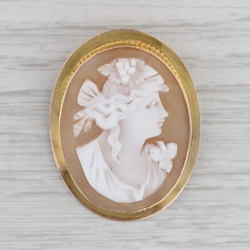 Stylish Brooch For Outerwear-Figural Carved Shell Cameo Brooch Pendant 10k Yellow Gold Artisan Signed