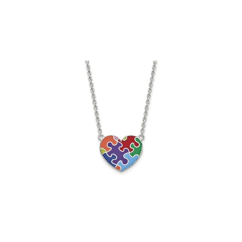 Customizable Sterling Silver Necklace for Weddings-Enameled Autism Puzzle Heart Necklace (Silver)