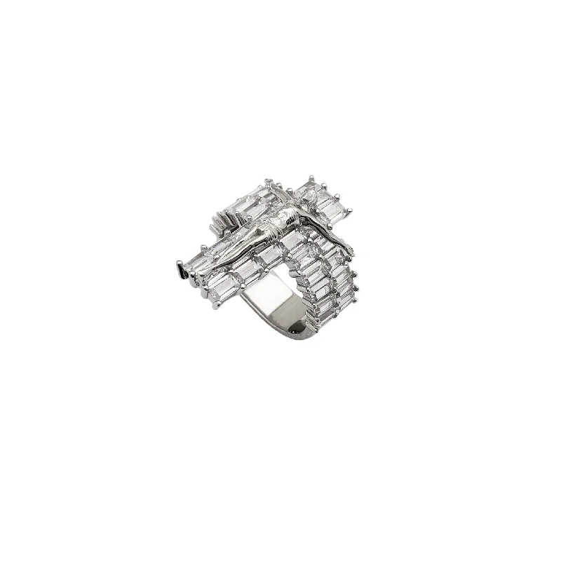 Customizable Titanium Ring for Men with Personalization-Baguette Iced Crucifix CZ Ring (Silver)