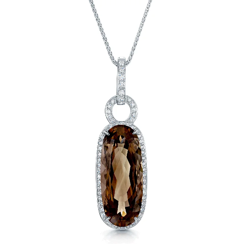 Elegant Gold Chain Necklace for Bridesmaids-18ct White Gold Oval Mixed Cut Smokey Quartz And Diamond Halo Pendant