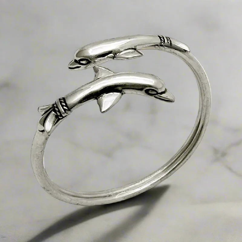 Custom Gold Bangles with Engraving for Brides-Two Headed Minoan Dolphins Torc Bangle in Sterling Silver (B-81)