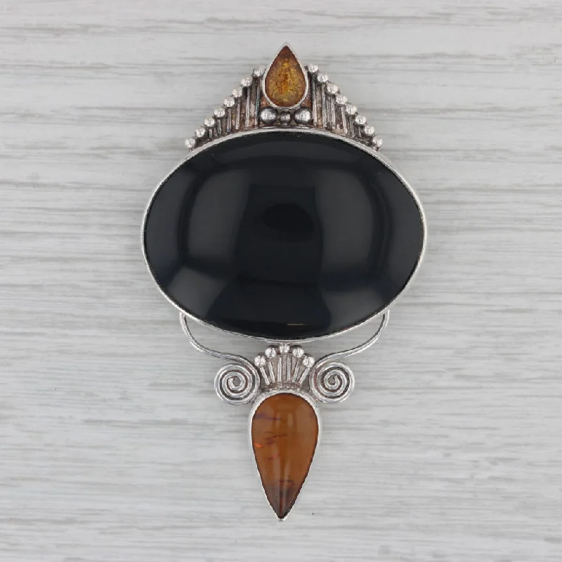 Luxury Brooch With Sapphire-Sajen Onyx Amber Statement Brooch Sterling Silver Pendant Pin