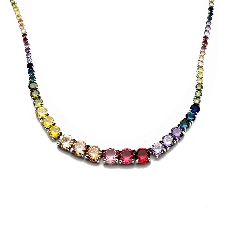 Stylish Silver Necklace with Gemstones-Round Shape Multi-color Tennis Chain (Silver)