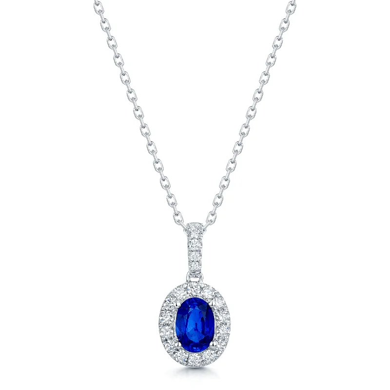 Personalized Bar Necklace for Special Gifts-18ct White Gold Oval Cut Sapphire And Diamond Cluster Pendant