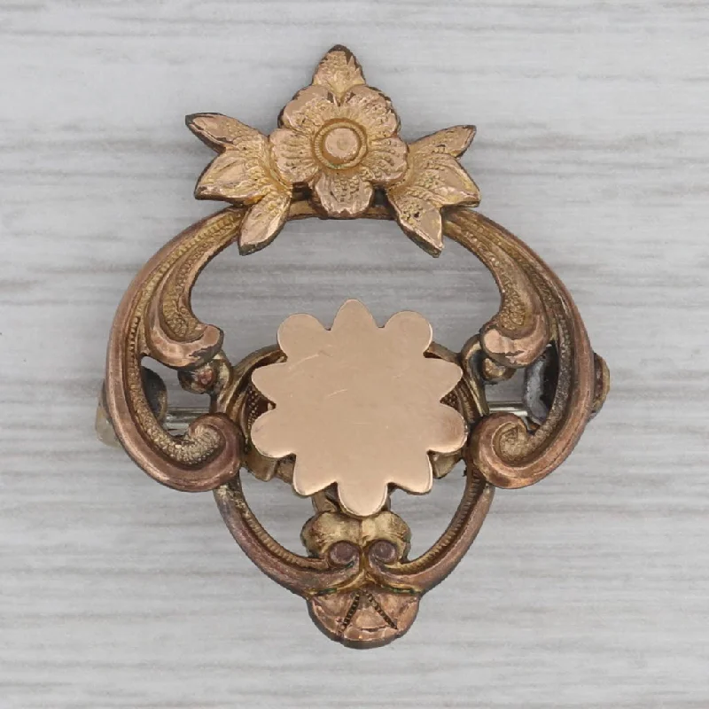 Unique Brooch With Precious Gems-Antique Victorian Flower Pin Gold Filled Engravable Brooch