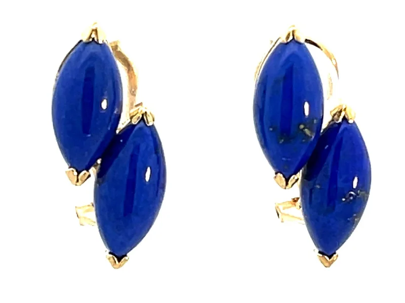 Large Diamond Earrings for Weddings-Double Marquise Lapis Lazuli 14K Yellow Gold Earrings