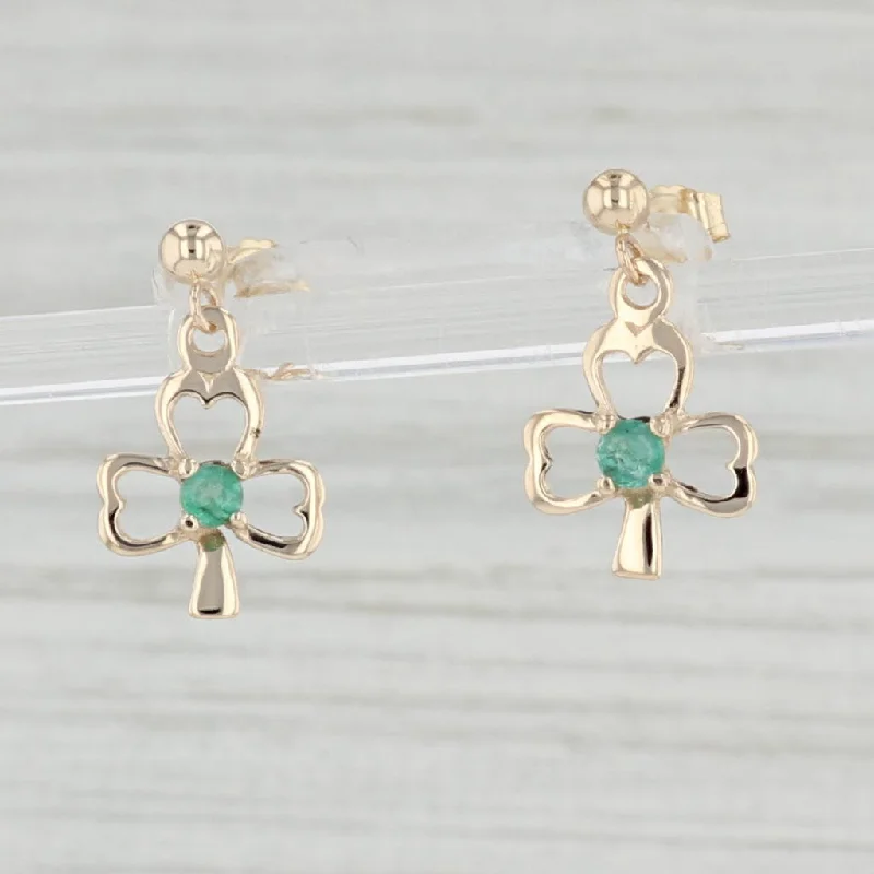 Elegant Gold Earrings for Special Events-0.15ctw Emerald Clover Dangle Earrings 14k Yellow Gold Pierced Drops