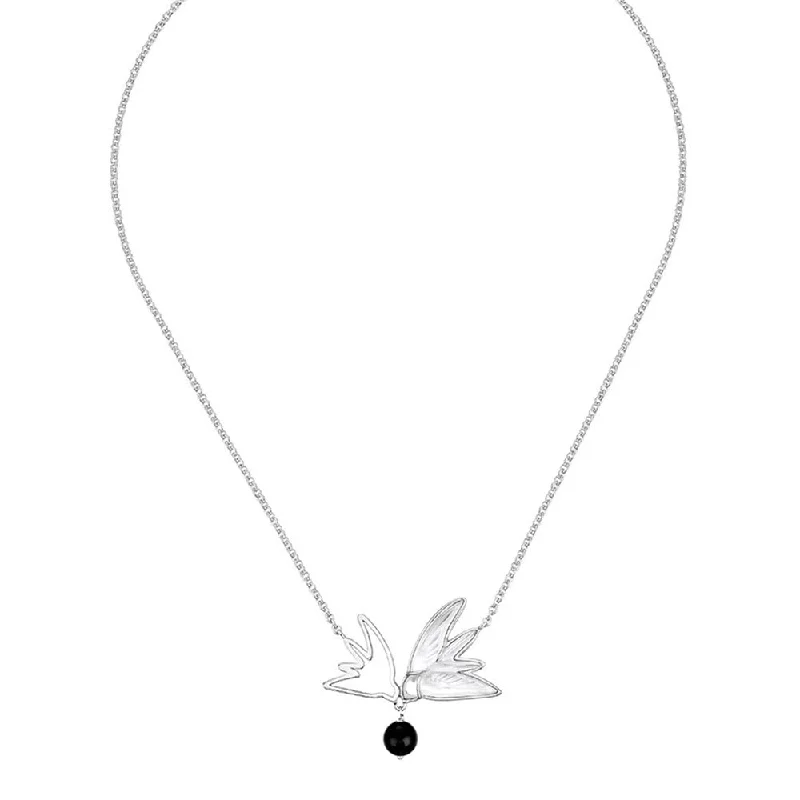 Custom Birthstone Necklace for Grandmothers-Hirondelles Clear Crystal, Onyx & Silver Necklace