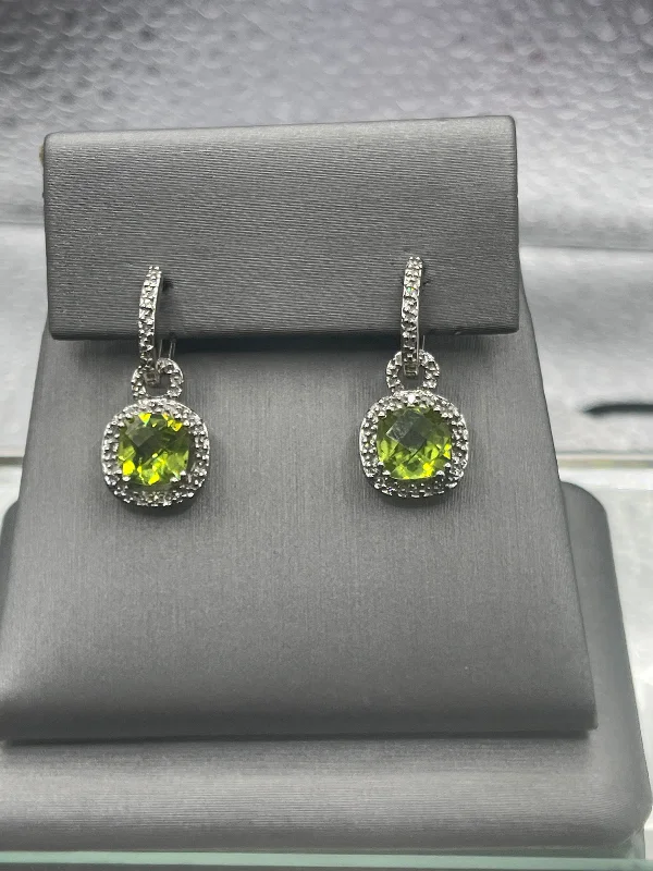 Chic Earrings for Special Occasions-Ladies 10 Karat Solid White Gold Peridot and Diamond Earrings