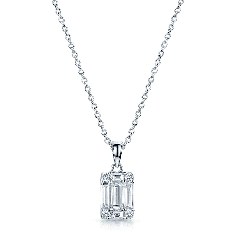 Boho Chic Necklace with Feathers and Gems-18ct White Gold Baguette And Round brilliant Cut Diamond Fancy Cluster Pendant