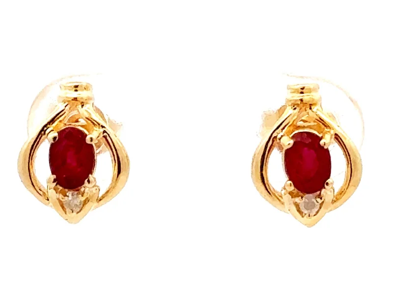 Classic Silver Drop Earrings-Oval Red Ruby and Diamond Stud Earrings 14k Yellow Gold