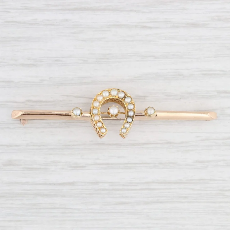 Brooch For Spring Weddings-Vintage Pearl Horseshoe Bar Brooch 14k Yellow Gold Western Pin