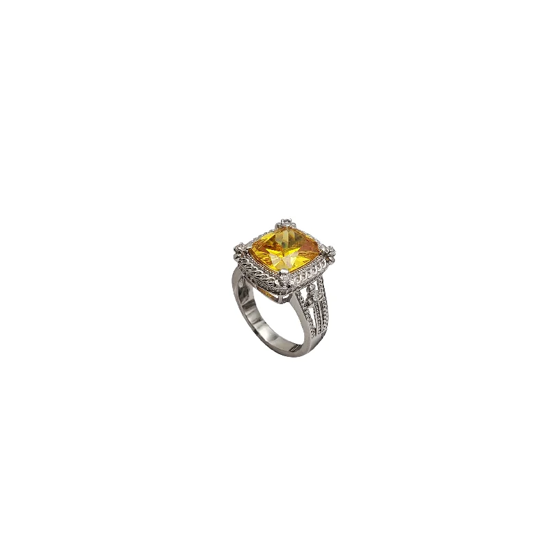 Custom Engagement Ring with Oval Diamond-Yellow Cz Rectangle Ring (Silver)