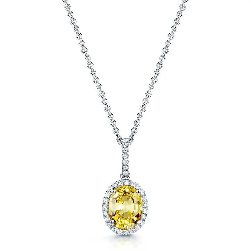 Minimalist Pearl Necklace with Gold Chain-18ct White Gold Oval Cut Yellow Sapphire Diamond Halo Pendant