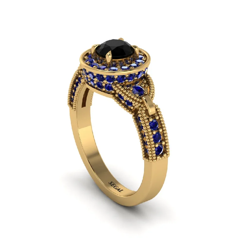 Designer Gold Ring for Fashion Lovers-Black Diamond Double Halo Handmade Engagement Ring - Gracelyn No. 67