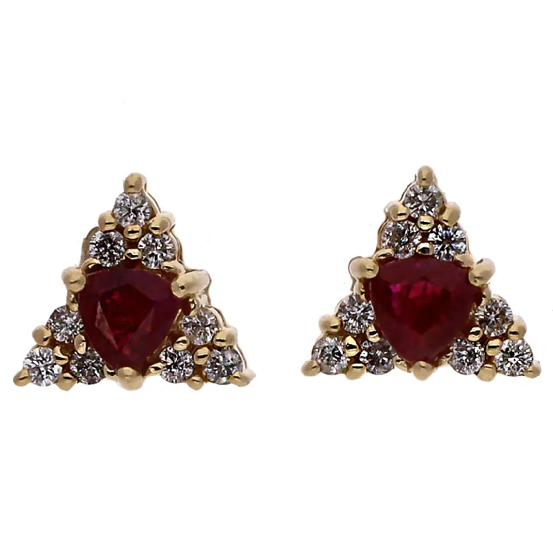 Fine Silver Earrings for Women-14K Yellow Gold Trillion Cut Ruby and Diamond Triangle Stud Earrings