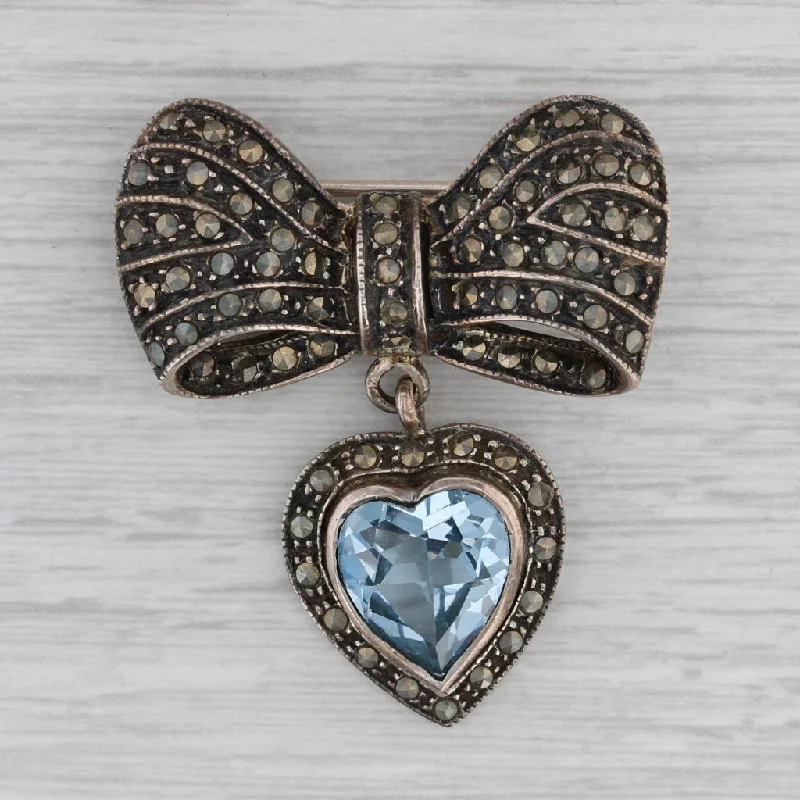 Classic Brooch For Everyday Wear-Vintage Lab Created Blue Spinel Heart Bow Brooch Sterling Silver Marcasite Pin