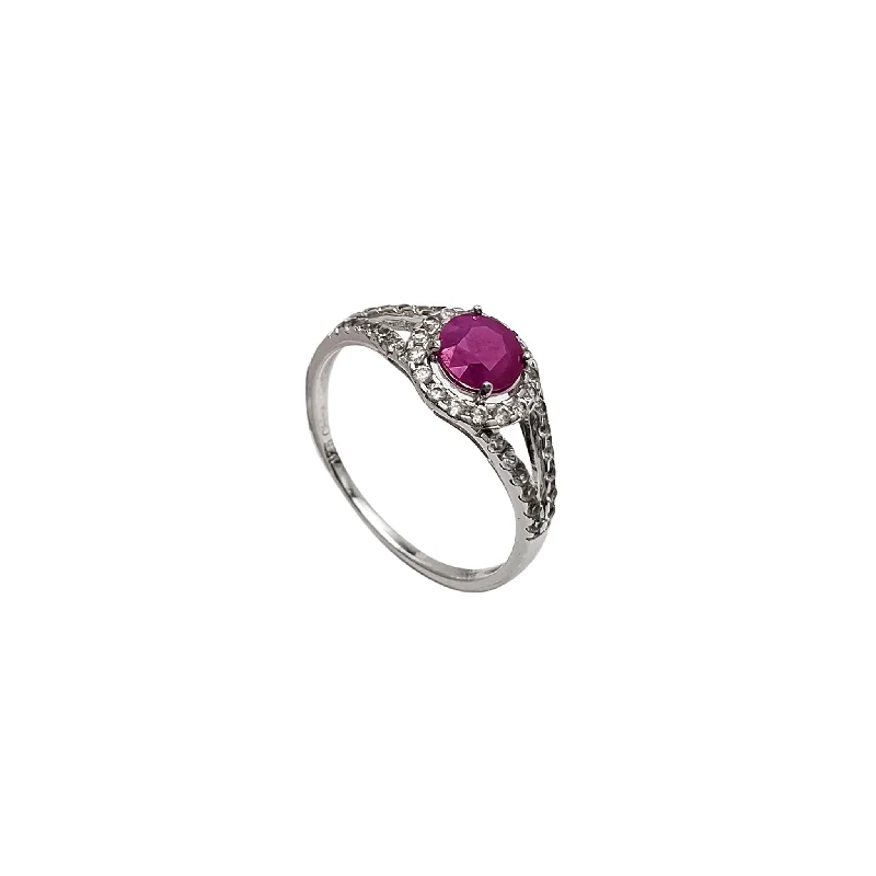 Vintage Diamond Ring with Unique Design-Ruby Split Shank Zirconia Accent Ring (Silver)