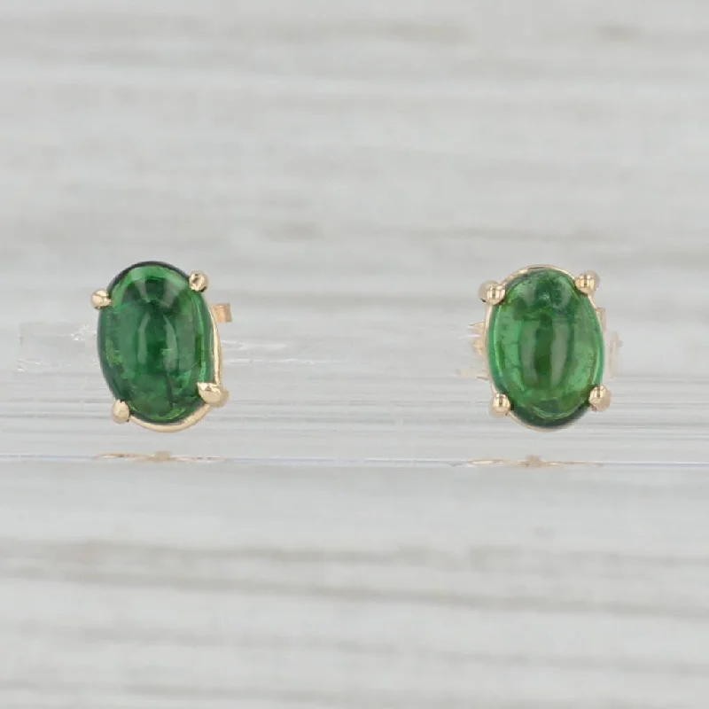 Geometric Gold Earrings-Green Tsavorite Garnet Stud Earrings 14k Yellow Gold Oval Cabochon Studs