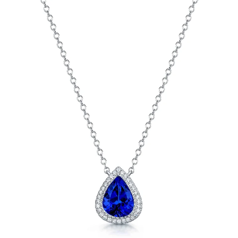 Personalized Bar Necklace with Initials-18ct White Gold Pear Cut Tanzanite And Diamond Halo Pendant