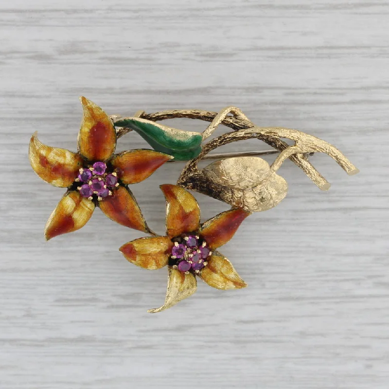 Boho Style Brooch-Vintage 0.26ctw Ruby Flower Brooch 18k Yellow Gold Enamel Floral Pin