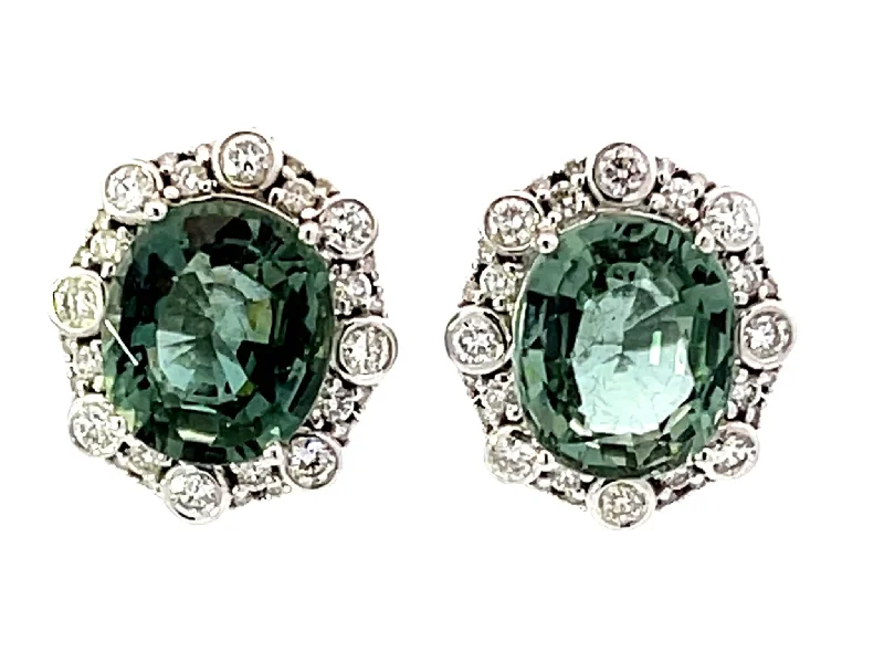 Large Pearl Earrings for Bridesmaids-Oval Green Tourmaline Diamond Halo Earrings 18k White Gold