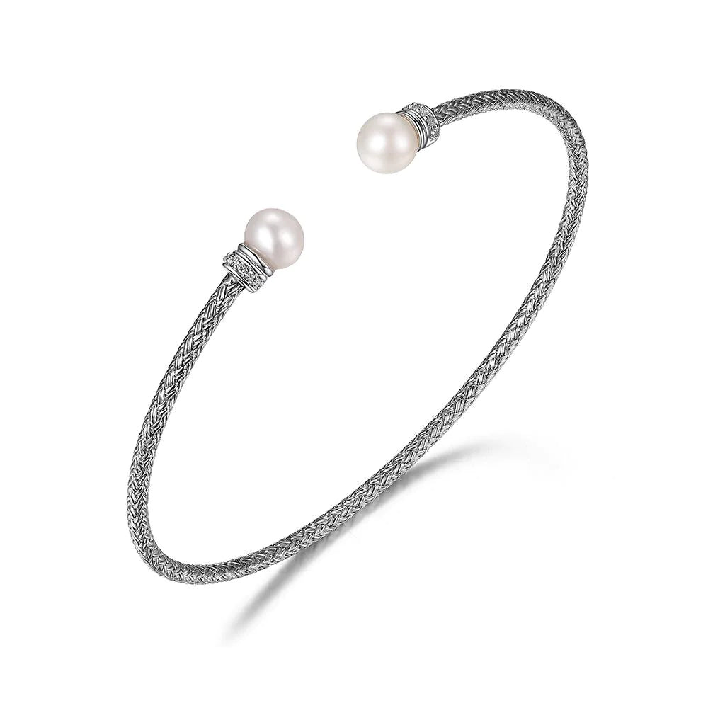 Elegant Gold Bracelet with Family Initials-Sterling Silver Pearl and CZ Cuff Bracelet