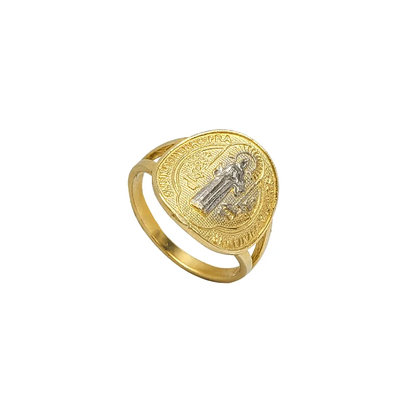 Simple Gold Ring with Sapphire Gemstone-Two-Tone Saint Benedict Ring (14K)