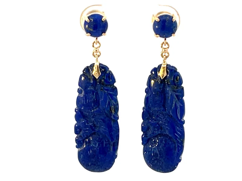 Trendy Long Earrings for Work-Carved Dangly Lapis Lazuli 14K Yellow Gold Earrings