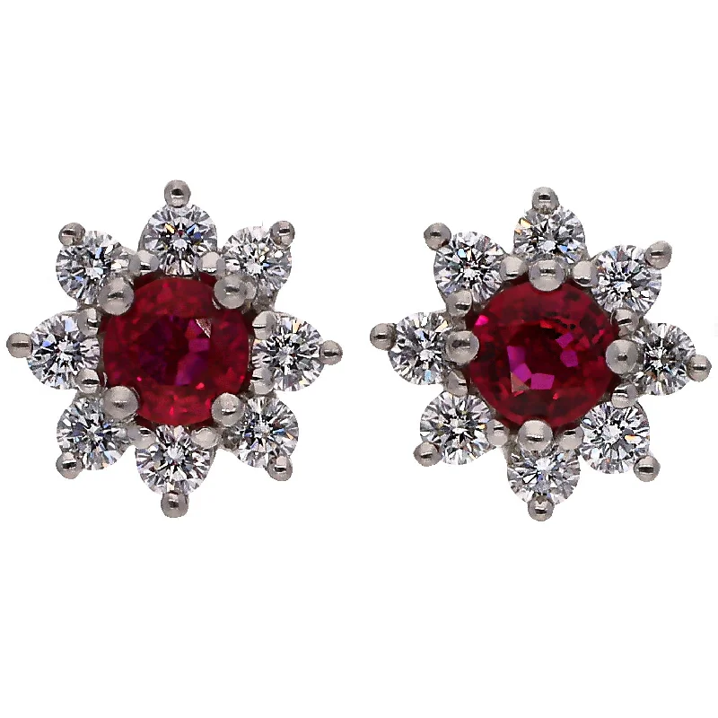 Unique Silver Earrings for Fashion-Platinum Ruby and Diamond Star Shaped Stud Earrings