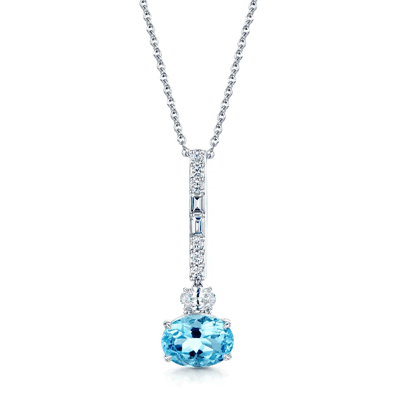 Designer Necklace with Large Crystal Pendant-18ct White Gold Oval Cut Aquamarine with Oval, Brilliant & Baguette Cut Diamonds Pendant