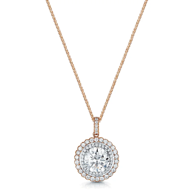 Simple Necklace with Gold Pendant for Brides-18ct Rose and White Gold GIA Brilliant Cut Diamond Double Halo Cluster Pendant