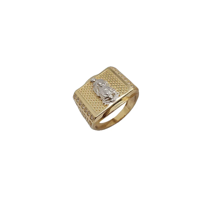 Classic Men’s Ring with Birthstone and Engraving-Zirconia Lattice Square Virgin Mary Ring (14K)