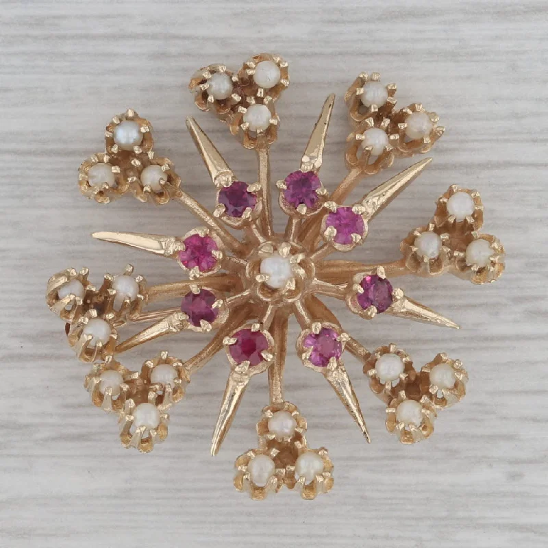 Embellished Brooch Pins-Vintage Ruby Opal Flower Brooch Pendant 14k 10k Yellow Gold Statement Pin