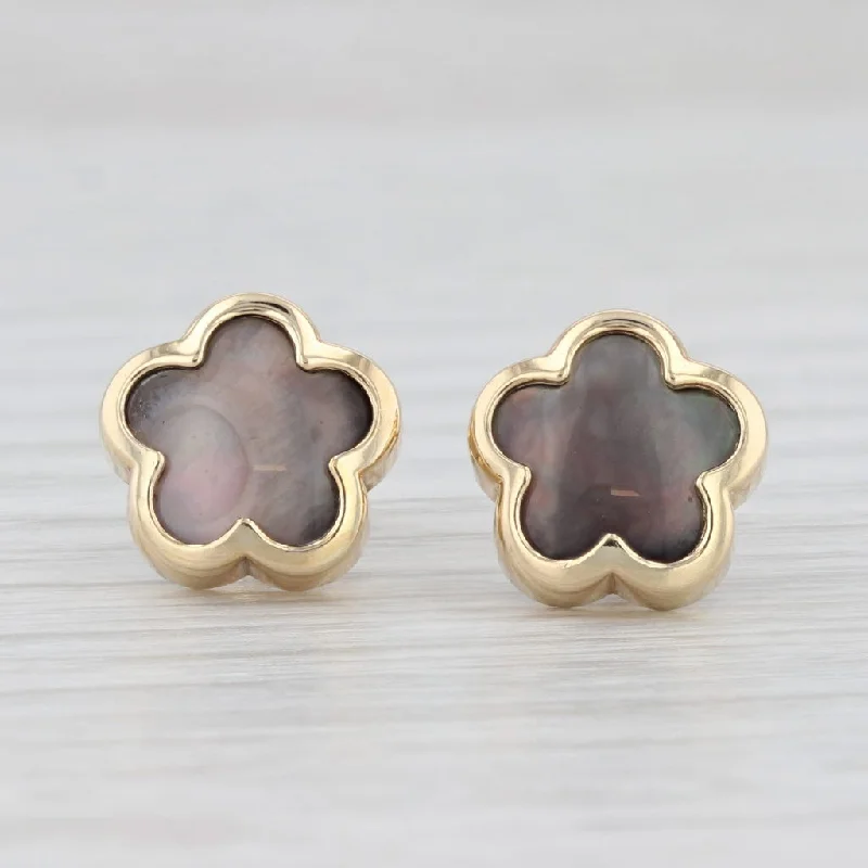 Vintage Boho Earrings for Festivals-Gray Mother of Pearl Star Flower Stud Earrings 14k Yellow Gold Pierced Studs