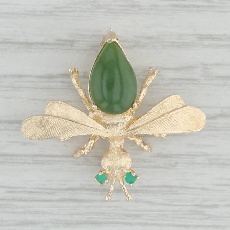 Elegant Brooch With Diamonds-Flying Insect Brooch 14k Gold Green Serpentine Chalcedony Vintage Pin