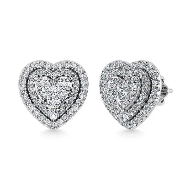 Unique Sterling Silver Earrings-Diamond 7/8 Ct.Tw. Heart Earrings in 14K White Gold